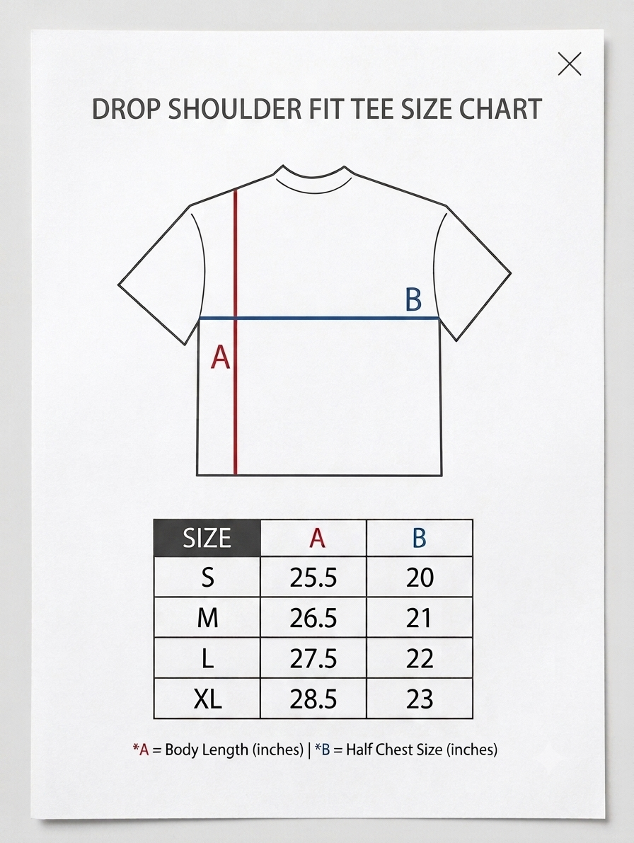BIKEAHOLIC Drop Shoulder Fit Tee Size Chart