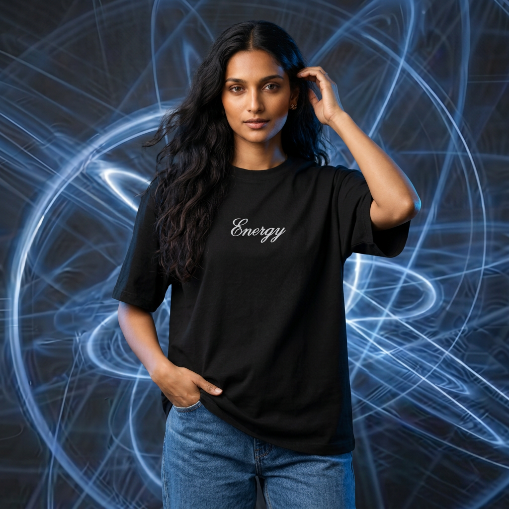 Square Energy T female model image with an electric-blue energy backdrop